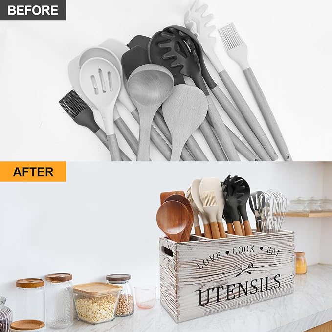 Rustic White Wooden Utensil Holder for Kitchen Counter Decor Extra Large Utensil Crock Organizer Silverware Caddy Farmhouse Wood Cutlery Holder Cooking Utensil Stand Storage kitchen Tools Holder