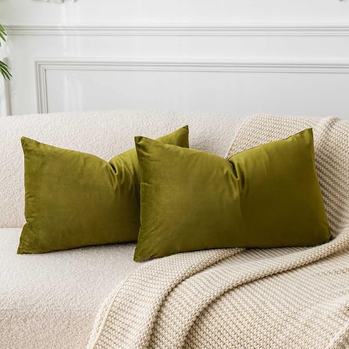 12x20 Decorative Lumbar Velvet Throw Pillow Covers Set of 2,Olive Green | JUSPURBET Cozy Soft Couch Covers with Invisible Zipper for Modern Couch Sofa Bed Living Room Bedroom Home Decor