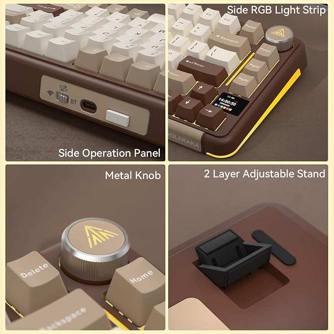 SOLAKAKA A75 PRO 75% Wireless Mechanical Keyboard with Screen and Knob, Tri-Mode Hot Swappable Gaming Keyboard, RGB Backlit Gasket Creamy Pre-lubed PBT Computer Keyboard for PC/Mac/Win,Brown