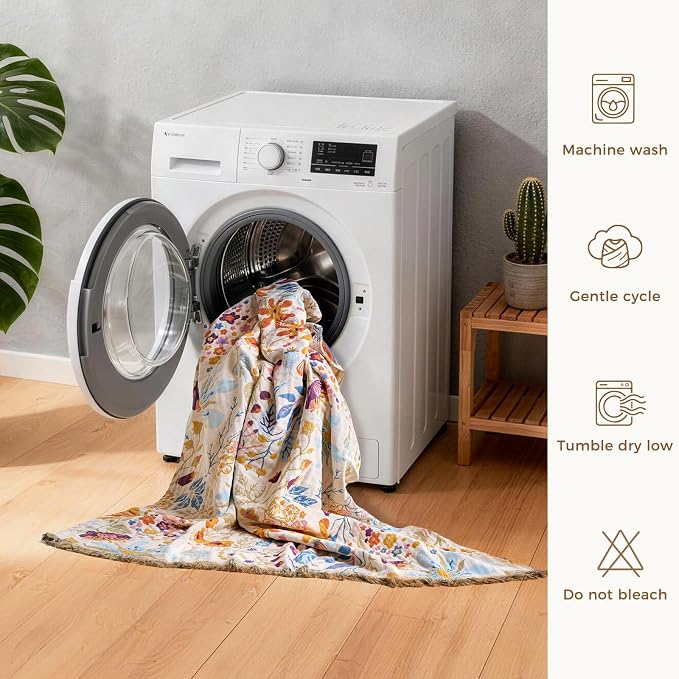LUTBM Boho Throw Blanket for Couch 50"x60", Cotton Decorative Bed Throws | Reversible Floral Leaves Jacquard, All-Season Lightweight Soft Blanket, For Chair Sofa Bedroom Living Room Decor, Accent Gift