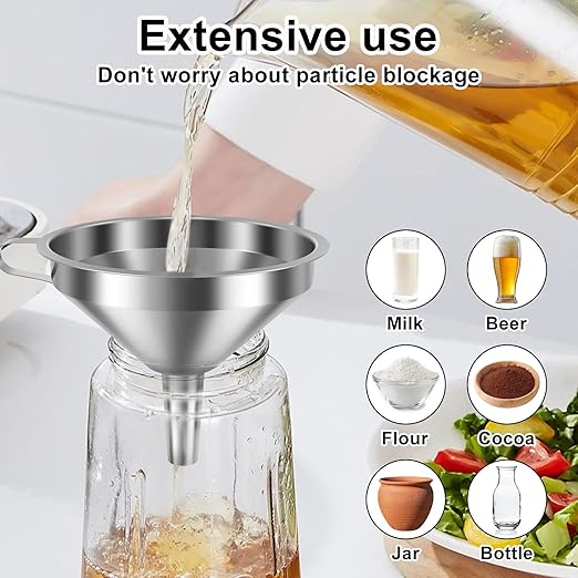 14 Pack Stainless Steel Funnel Set, Filter Kitchen Funnel with 6 Fine Mesh Strainers, 4 Sizes Funnels for Kitchen Use Filling Bottles, Filling Bottles, Oil, Jam, Liquid & Powder