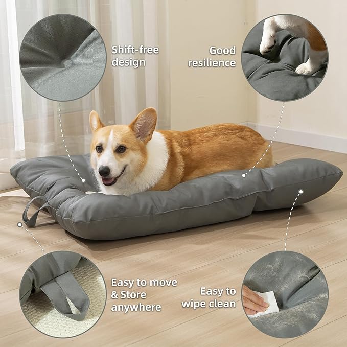 Chew Resistant Dog Bed for Large Dogs - Durable 41"x27" Kennel Pad with Soft Plush Filling, Machine Washable Crate Mat for Aggressive Chewers, Indoor Outdoor Pet Bed, Gray