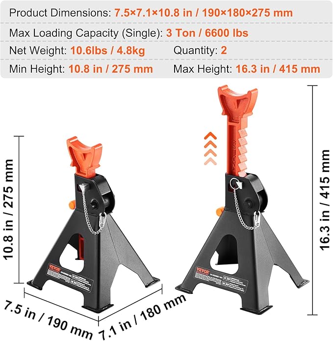 VEVOR Jack Stands, 3 Ton (6,000 lbs) Capacity Car Jack Stands Double Locking, 10.8-16.3 inch Adjustable Height, for Lifting SUV, Pickup Truck, Car and UTV/ATV, Red, 1 Pair