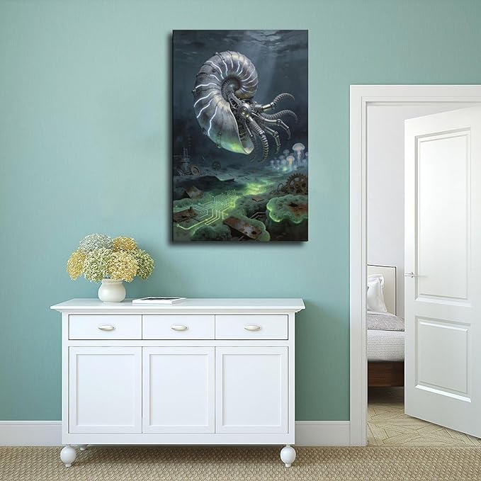 Framed Steampunk Mechanical Nautilus Wall Art - Underwater Industrial Poster for Man Cave Studio Decor 24x36inch(60x90cm)