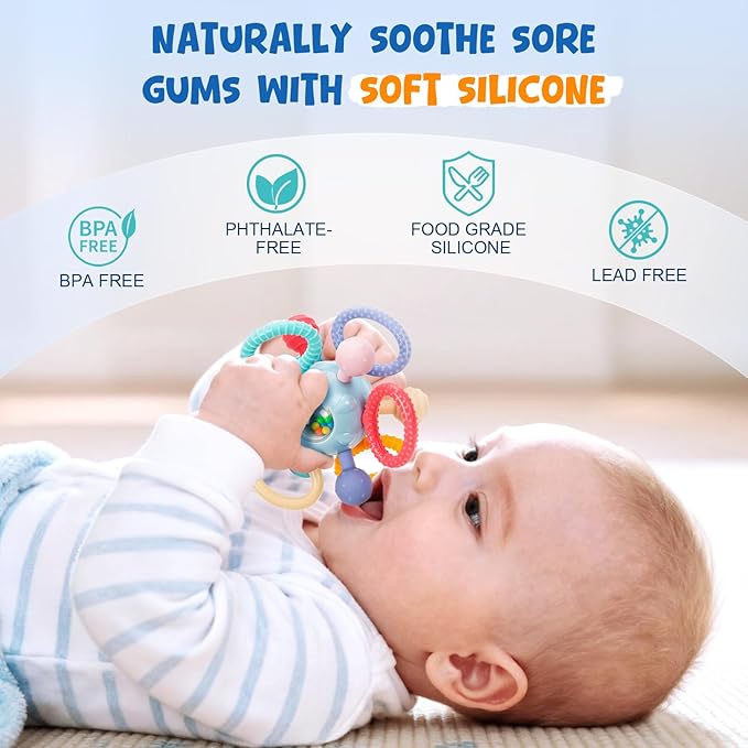 Baby Teething Toys for 0-6 6-12 Months, BPA Free Food Grade Silicone Teether, Infant Sensory Chew Rattles Toys, Gifts for Infant Newborn Boys Girls 0 3 6 9 12 18 Months, Sky Blue