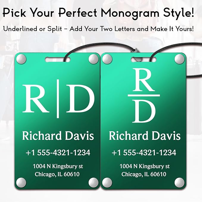 Personalized Luggage Tags for Suitcases - Monogram Style Aluminum Custom Luggage Tags for Backpacks & Bags, Sturdy, Waterproof & Heavy Duty (Green/Card-Sized)