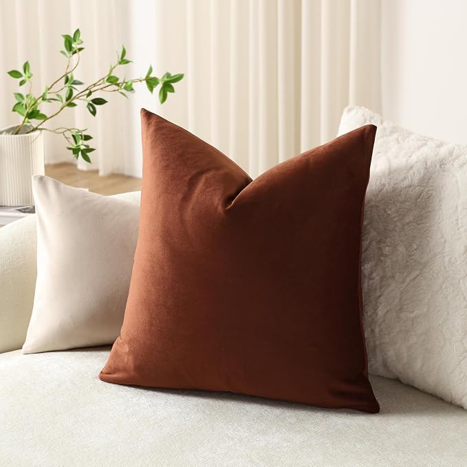 Throw Pillow Covers 22x22 Reddish Brown: Pack of 2 Cozy Soft Velvet Square Modern Luxury Decorative Throw Pillow Cases for Sofa Couch Living Room Bed Home Decor