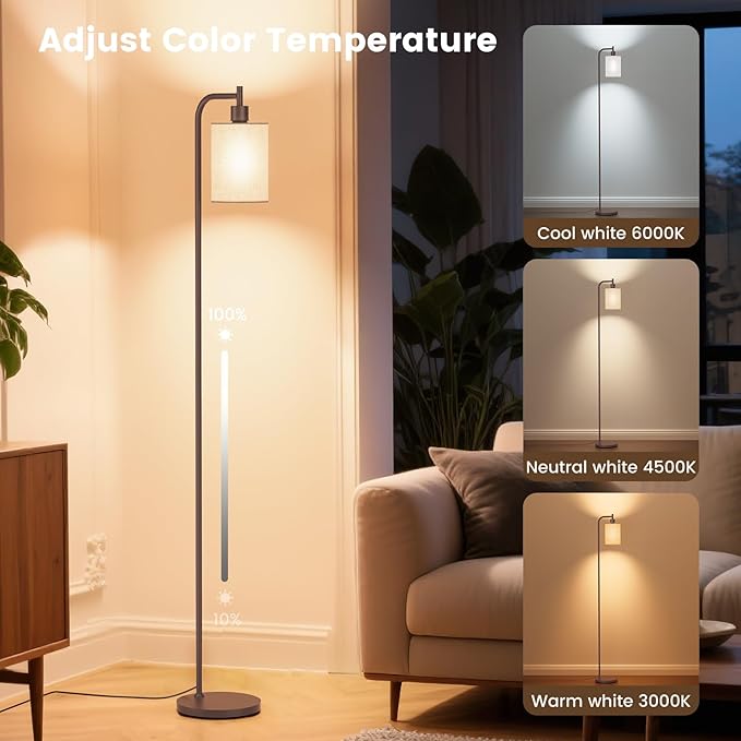 Floor Lamp with Linen Shade, Dimmable Tall Standing Lamp with Remote Control & 3 Color Temperatures, Modern Floor Lamps for Living Room Bedroom Office Corner, 9W LED Bulb Included