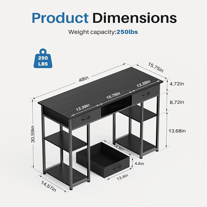 OLIXIS 48 Inch Desk with Storage, Computer Desk, Fabric Drawers | Home Office, Gaming Writing, Study Work, PC Table, Small Space Bedroom, Black