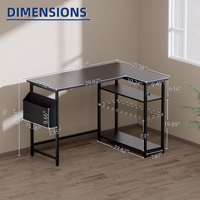 Pamray 40 Inch L Shaped Computer Desk with Reversible Side Storage Shelves, Small Corner Desk for Small Space Home Office, Writing Study Table PC Desk for Bedroom, Marble