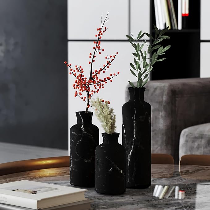 Creative Scents Black Marble Look 3pc Vase Set – Boho Vases for Decor, Modern Vases for Holding Pampas Grass, Dried/Fresh Flowers, Vases for Living Room - Kitchen, Bedroom, Office, Shelf Decor