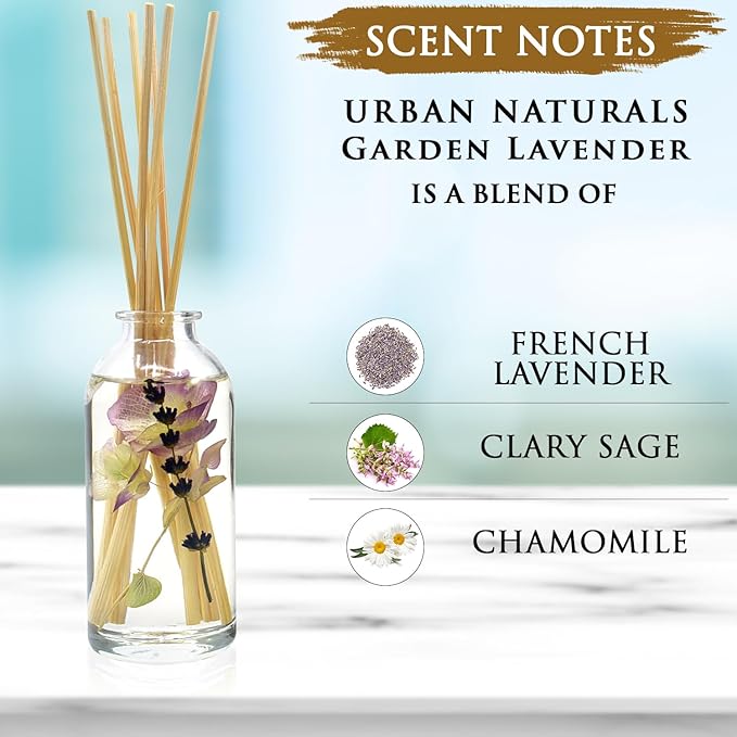 Urban Naturals Garden Lavender Reed Diffuser Oil Set with Reed Sticks – Calming, Herbal Fragrance - Made in The USA