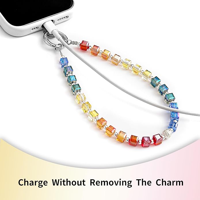 Phone Charm with Beaded Crystals, Anti-Theft Phone Strap, Hands-Free & Detachable Cellphone Lanyard, Cellphone Chain Wristlet with Tether Tab
