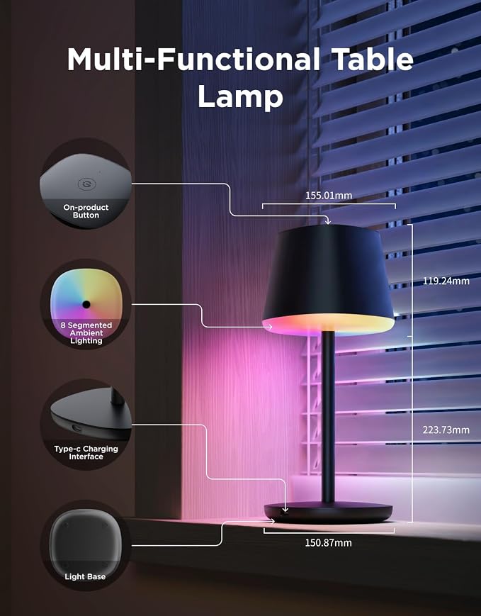 Govee Smart Cordless Table Lamp Classic (No Adapter), RGBIC Desk Lamp | Rechargeable Table Lamp for Bedroom, Living Room, Portable Lamp Works with Matter, Bedside Lamp with 72 Scenes Modes, 500lm