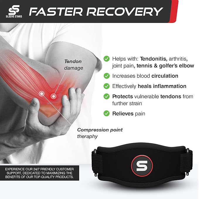 Sleeve Stars Tennis Elbow Brace for Women - Adjustable Tennis Elbow Strap, Golfers Elbow Brace for Men, Counterforce Brace for Tennis Elbow for Tendonitis Relief, Fits 9"-23" (Single/Black)