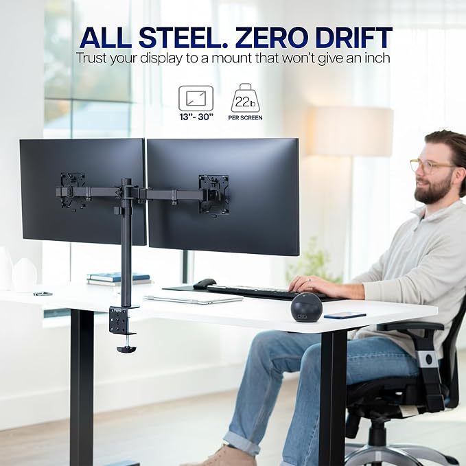 VIVO Dual Monitor Desk Mount, Holds 2 Computer Screens up to 30 inches and 22lbs Each, Heavy Duty Fully Adjustable Steel Stand with C-Clamp and Grommet, Black, STAND-V002 | Black, Articulating, Adjustable Monitor Arm, Grommet or C-Clamp Mounting, Compu...