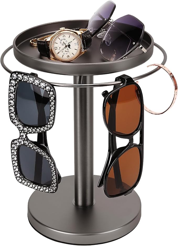 kondyfayo 360 Rotating Sunglass Organizer Glasses Holder (Titanium Black) | Stainless Steel Stand with 360 Rotation Holds 9 to 12 Pairs. Top Tray Stores Rings, and Keys for Desk, Dresser, Nightstand