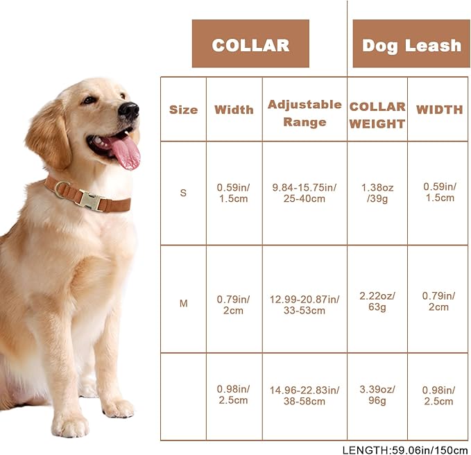 Genuine Leather Dog Collar - Adjustable Pet Collar with Quick Release Metal Buckle, Soft Skin Friendly Real Leather Collar for Small, Medium, Large Dogs (Khaki, S：Fit 8-16" Neck)