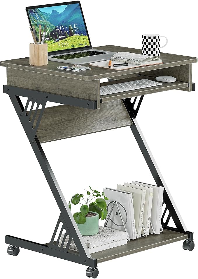 ALISENED Computer Desk for Small Spaces Compact Desk with Keyboard Tray | 23.6" Z-Shaped, with Wheels and Bottom Shelves, for Home Office, Computer Cart Mobile Laptop Cart, Grey