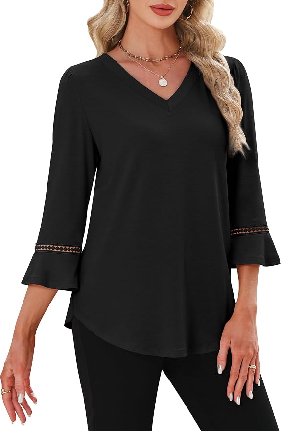 WIHOLL Womens Blouses Dressy Casual 3/4 Length Sleeve Tops Lace Trendy 2026 Spring Summer V Neck Shirts Vacation Outfits