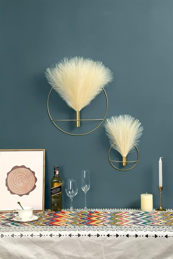 Pretty Jolly Boho Pampas Wall Decor Black Metal Wall-Mounted Art | Morden Artificial Greenery Display，2 Pack Beige Hanging Planter For Living Room, Bedroom, Bathroom, Dining room