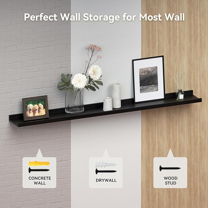 Boswillon Floating Shelves Set of 2, Long Wall Shelf with Lip, 72in, Black | Display Ledge Shelf for Room Wall, Wall Decor Shelves for Bathroom, Living Room, Bedroom, Kitchen, Nursery Room, Modern, Wood