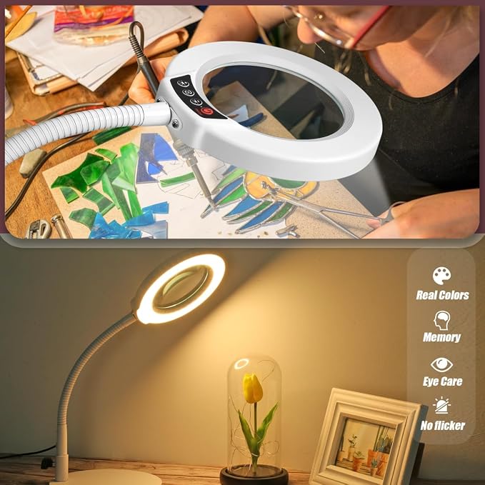 10X Magnifying Glass with Light and Stand, 5 Color Modes Stepless Dimmable LED Lighted Desk Lamp, Hands Free Flexible Gooseneck Magnifier with Light for Craft Hobby Painting Close Work - White