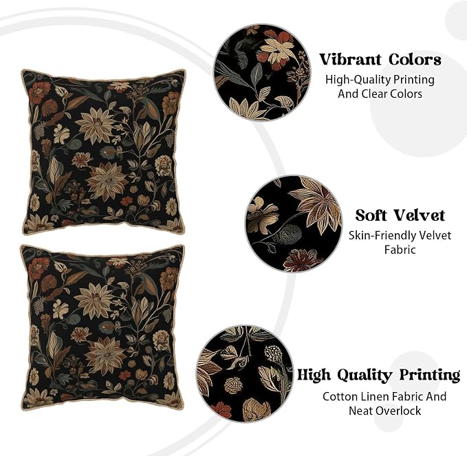 Black Boho Vintage Flowers Velvet Pillow Covers 18x18 Inch Retro Art Brown Floral Throw Pillows for Couch Cushion Covers Pillowcase Farmhouse Bohemian Pillow Cases for Sofa Bed Bedroom