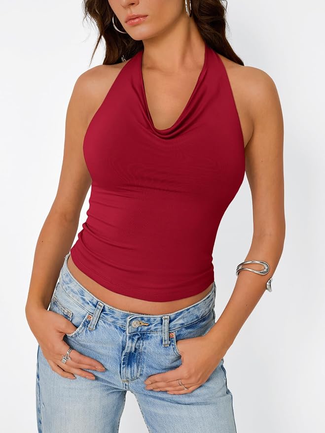 Trendy Queen Halter Tops for Women Going Out Summer Top | Cowl Neck Shirts, Sexy Backless, Fashion Y2K Clothes, Perfect for Party, Club, Vacation, Pair with High-waisted Bottoms