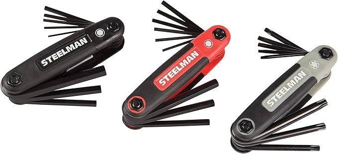 Steelman 3-Piece Set Folding Hex Key Wrench Tools, SAE, Metric, and Torx Allen Wrench Sets, Chamfered Ends, Rubberized Grip