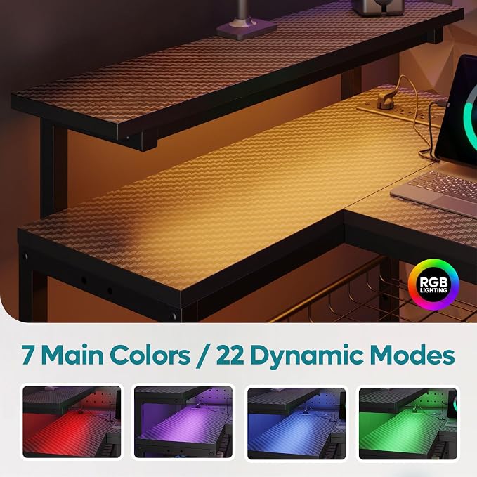 Bestier 52-Inch L-Shaped Gaming Desk with Charging & LED, Black | Charging 3AC+2USB, RGB LED 20 Colors/22 Modes, Reversible Shelves, Carbon Fiber Texture, Headphone Hook, 52 in