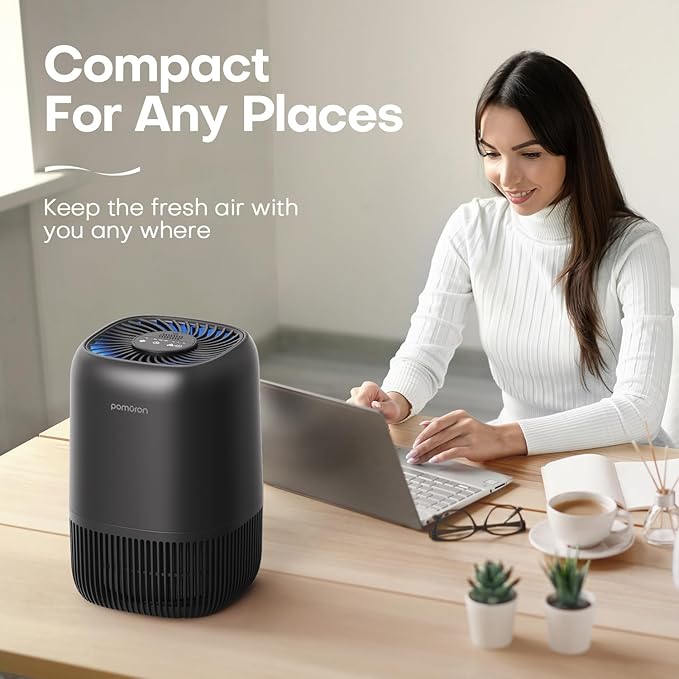 POMORON Air Purifiers for Bedroom Home, Air Filter Cleaner with Fragrance Sponge, H13 True HEPA Filter for Smoke, Allergies, Pollen, Pet Dander, Odor, Dust, Portable Air Purifier for Bedroom Office