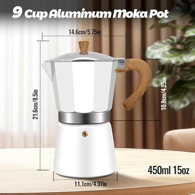 9 Cup Aluminum Moka Pot Classic Stovetop Espresso Coffee Maker 450ml 15oz Coffeemaker Percolator Mocha Express Preferred Cafe Makers for Italian and Cuban Café Brewing White