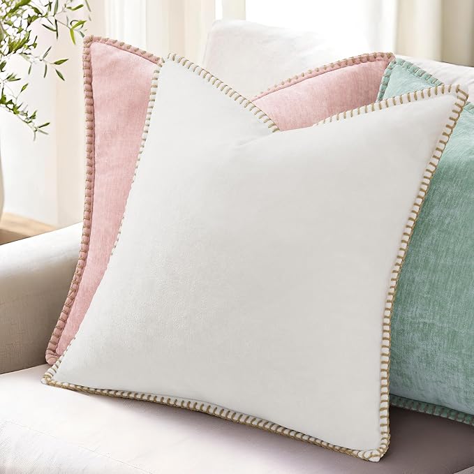 decorUhome Soft Chenille Throw Pillow Covers 16x16 Set of 2 Aqua Haze | Fall Textured Decorative Throw Pillow Cases Stitched Edge Modern Farmhouse Luxury Boho Velvet for Couch Sofa Bed Home Decor