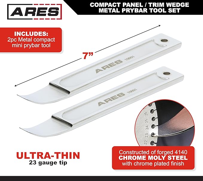 ARES 10092-2-Piece Compact Panel/Trim Wedge Metal Prybar Tool Set - Durable Prybar Easily Removes Trim, Paneling, Sheet Metal, Fasteners, and More - Compact Design Skin Wedge for Confined Spaces