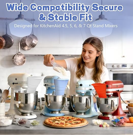 No-Mess Flour Funnel for Kitchen Aid Mixer Set with Scoop, Extended Mouth Foldable Flour Funnel for Kitchenaid Stand Mixer Attachments for 4.5-7 Quart KSM150, Dishwasher Safe Pouring Chute