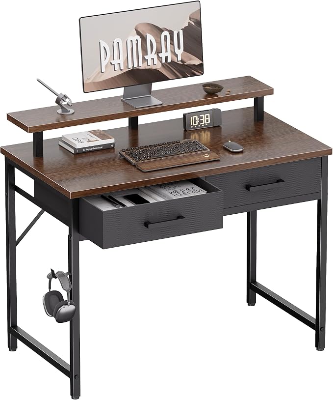 Pamray 32 Inch Small Computer Desk with Monitor Stand and 2 Drawers | Small Gaming Desk, for Bedroom Apartment and Dorm, for Study Work and Writing, Small Spaces, Sturdy, Easy Assembly