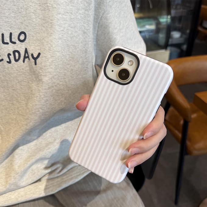 for iPhone 15 Case Striped Cute Aesthetics Phone Case Trendy Protective Shockproof Cover for iPhone 15 White