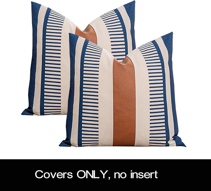 Farmhouse Stripe Pillow Cover 18x18 Boho Accent Cushion Case Faux Leather Decorative Pillowcase,Navy Blue and Beige (Cover ONLY, Pack of 2)