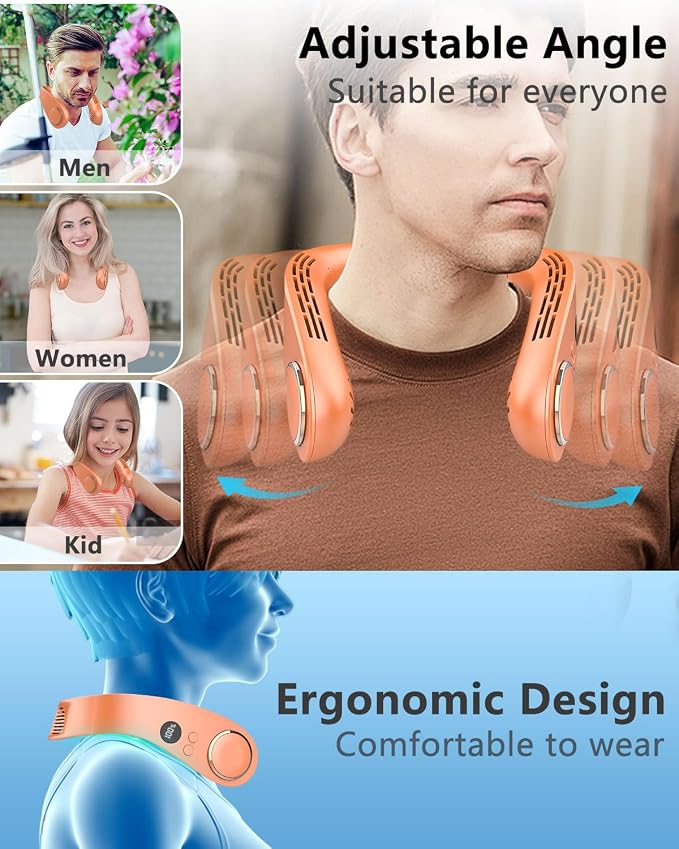 Neck Air Conditioner with Metal Cooling Plate, 5500mAh Batteries & LED Display, Silent Wearable Personal AC Unit, Bladeless Headphone Fan for Hot Flash Relief for Women Men Adults Outside, Orange