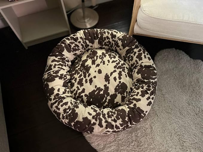 Organic Cotton Canvas Dog Bed: Removable Cover, Natural Fill - Made in USA (Cow Print Brown White, Medium 28" x 8" inches)