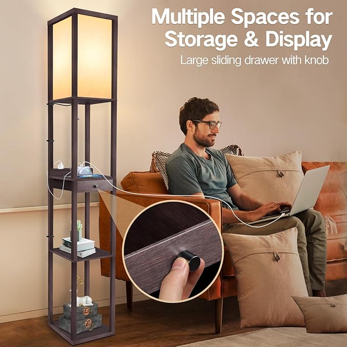 OUTON Deluxe Shelf Floor Lamp with 1 Drawer, 2 USB-C Ports, 2 AC Outlets, LED Modern Floor Lamp with 3 Color Temperature, Storage Display Wood Standing Lamp for Living Room, Bedroom, Office (Walnut)