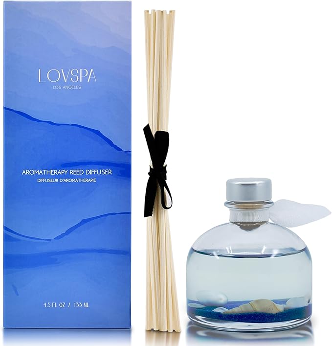 LOVSPA Reed Diffuser Set, Escape Beach Getaway Scented Oil Diffuser with Sticks, Home Fragrance Accessories for Bathroom Shelf Decor, Aroma Diffusers for Home or Office Desk, USA Made