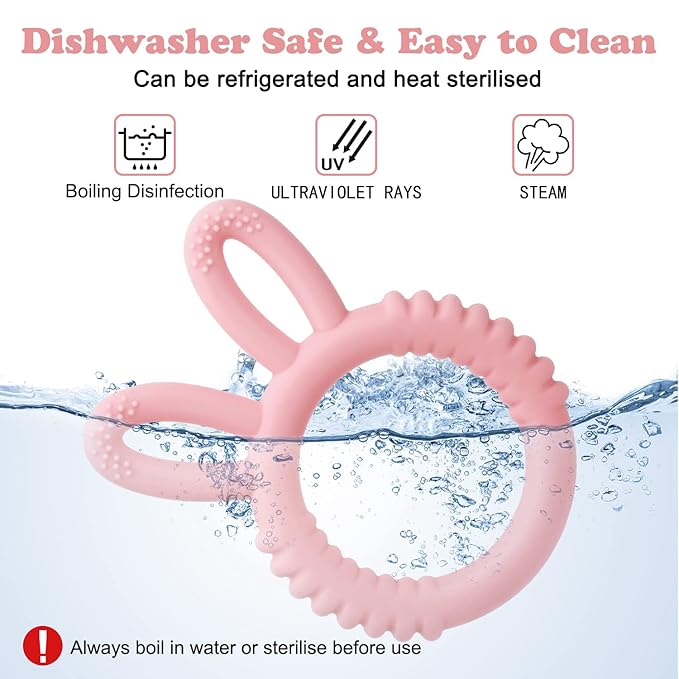 Silicone Babies Teethers Baby Teething Toys for Soothe Massage Sore Gums for 3-12 Months Infants, BPA Free, Easter Gifts for Boys and Girls, Ring Shape Rabbit Ear Design (Pink)