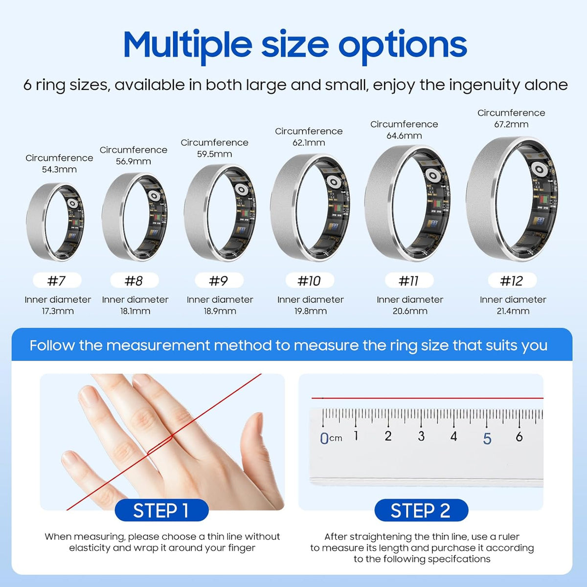 Smart Health Ring - Waterproof Fitness Tracker with Stress & Sleep Monitoring | Compatible with iOS & Android (Black, Size 7)