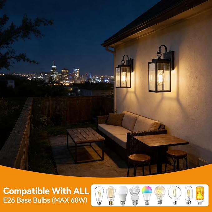 11.8-inch Dusk to Dawn Outdoor Wall Lights, Black Exterior Light Fixture with Clear Tempered Glass, IP65 Waterproof All-Metal Sconce for Porch, Front Door, Garage