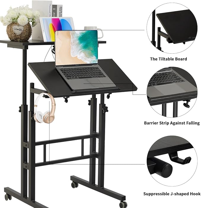Hadulcet Mobile Standing Desk with Charging Station, Adjustable Standing Computer Desk, Standing Adjustable Laptop Cart with Wheels for Home Office Classroom Black
