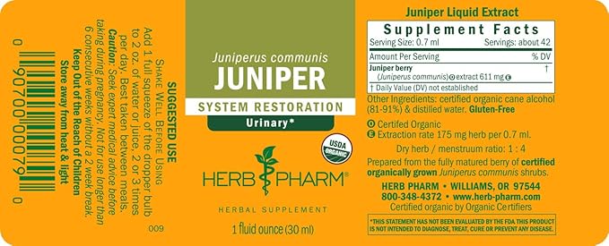 Herb Pharm Certified Organic Liquid Extract for Urinary System Support Juniper 1 Fl Oz (Pack of 2)