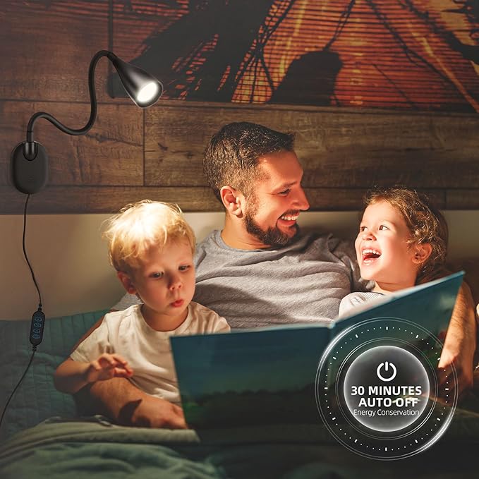 Wall-Mounted LED Bedside Reading Light with USB Charging Port, 10-Level Dimmable & Adjustable 5 Color, Plug-in Adhesive Night Lamp for Books in Bed, Eye-Caring Bedroom Lighting (Black)