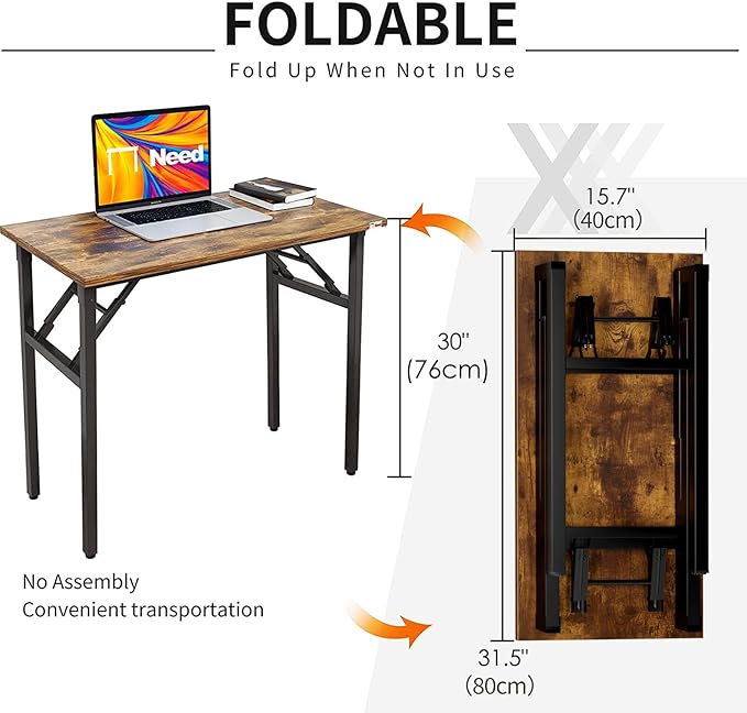 Need Small Computer Desk 31.5 Inch Folding Home Office Table Retro | Black Frame Writing Gaming Work Table/Sturdy Foldable Study Table for Small Space/Dormitory, No Assembly Required